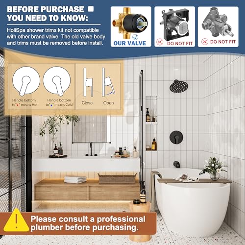 HoliSpa Tub Shower Faucet, Matte Black Shower Faucet Set with 8-Inch All-Metal Rainfall Showerhead and Bathtub Spout, Single-Handle Tub Shower-Trim Kit Included Valve, Matte Black - Image 2