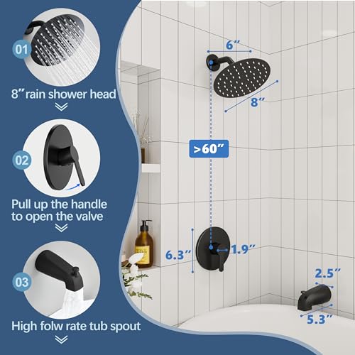 HoliSpa Tub Shower Faucet, Matte Black Shower Faucet Set with 8-Inch All-Metal Rainfall Showerhead and Bathtub Spout, Single-Handle Tub Shower-Trim Kit Included Valve, Matte Black - Image 3