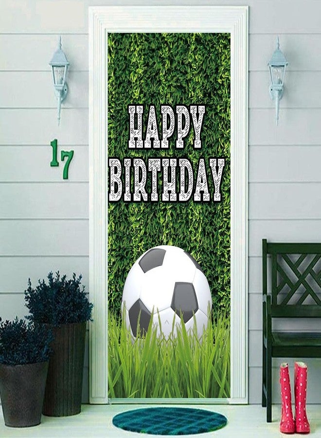 Fanghui Happy Birthday Themed Party Banner Polyester 72.8 x 35.4in Football Pitch Door Cover Green Grass Land Baby Shower Boys Kids Birthday Party Lobby Banner - Image 1
