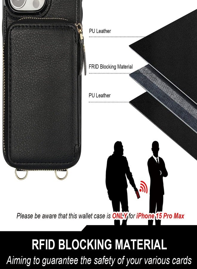Bocasal for MagSafe Crossbody Wallet Case Compatible with iPhone 15 Pro Max, RFID Blocking Protective Purse Case with Card Slots Holder Kickstand Wrist Strap Lanyard Zipper 6.7 Inch 5G (Black) - Image 4