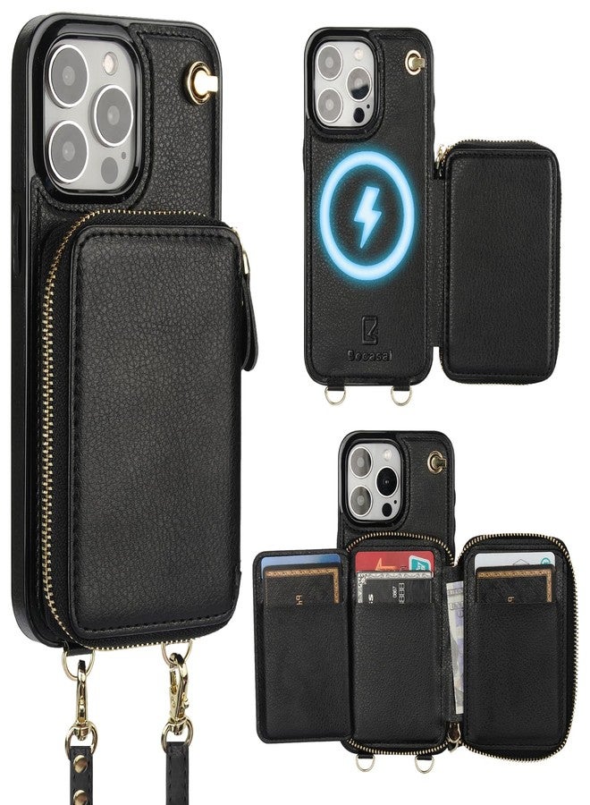 Bocasal for MagSafe Crossbody Wallet Case Compatible with iPhone 15 Pro Max, RFID Blocking Protective Purse Case with Card Slots Holder Kickstand Wrist Strap Lanyard Zipper 6.7 Inch 5G (Black) - Image 1