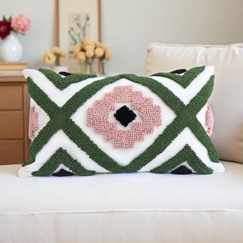 QoBexim Boho Accent Lumbar Pillow Covers 12x20 - Tufted Abstract Modern Throw Pillow Covers, Farmhouse Decorative Pillowcase for Couch, Sofa, Bed, Living Room -Green Pink Black Geometric - Image 1