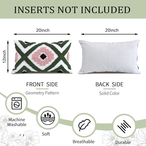 QoBexim Boho Accent Lumbar Pillow Covers 12x20 - Tufted Abstract Modern Throw Pillow Covers, Farmhouse Decorative Pillowcase for Couch, Sofa, Bed, Living Room -Green Pink Black Geometric - Image 4