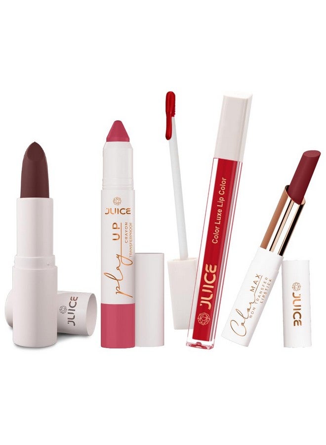 Juice Long Lasting, 4pc Lipstick Combo Set For Women(Marron Royale-M06 Bullet Lipstick, Coral Charm-MCR06 Play up Lip Crayon, Red Head-M06 Liquid Lipstick, Firecracker-M06 Slim Stick) - Image 1