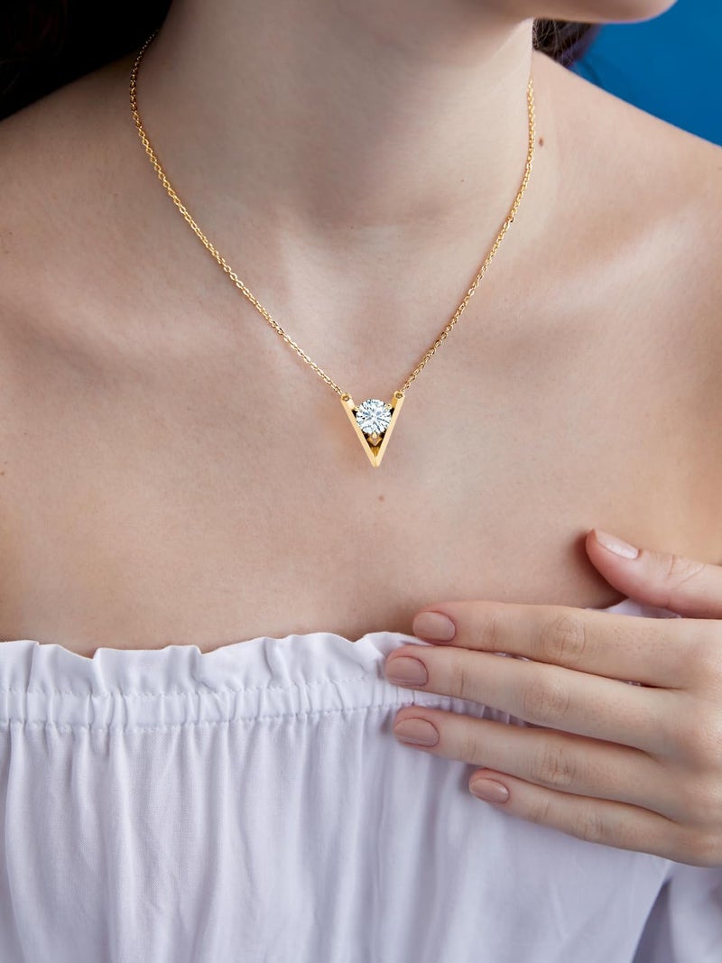 MINUTIAE 14K Gold Plated Single Diamond Pendant Necklace/Solitare Pendant/Austrian Cubic Zirconia Pendant For Women And Girls With Extendable Chain (Gold) - Image 2