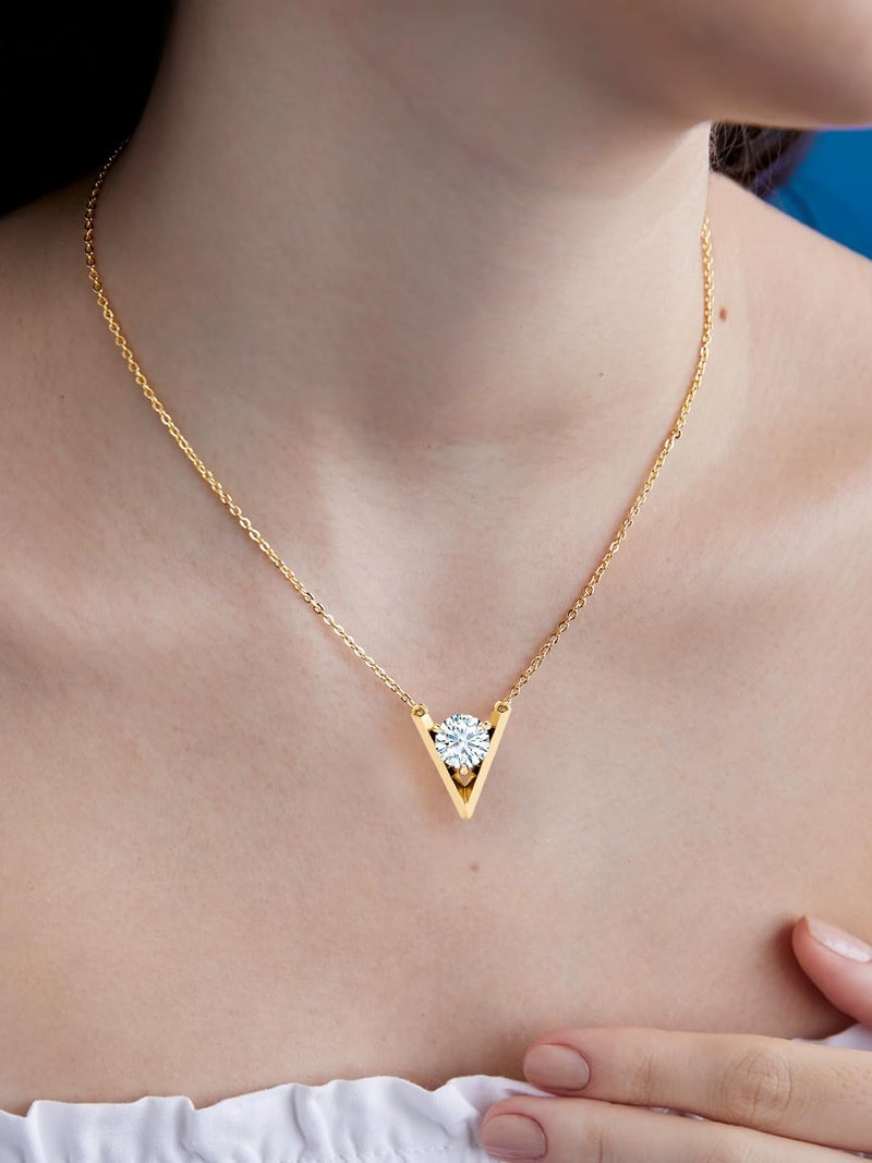 MINUTIAE 14K Gold Plated Single Diamond Pendant Necklace/Solitare Pendant/Austrian Cubic Zirconia Pendant For Women And Girls With Extendable Chain (Gold) - Image 3