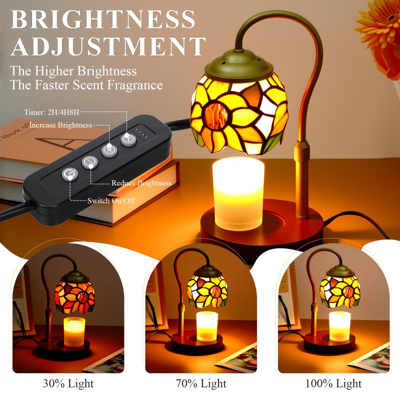 LIBOZMKO Candle Warmer Lamp - Electric Candle Lamps Timer Dimmer, Sunflower Tiffany Style Stained Glass Candle Warming Lamp Compatible with Jar Candles Valentine Birthday Gifts for Mom Friend Wax Melt Warmer - Image 3