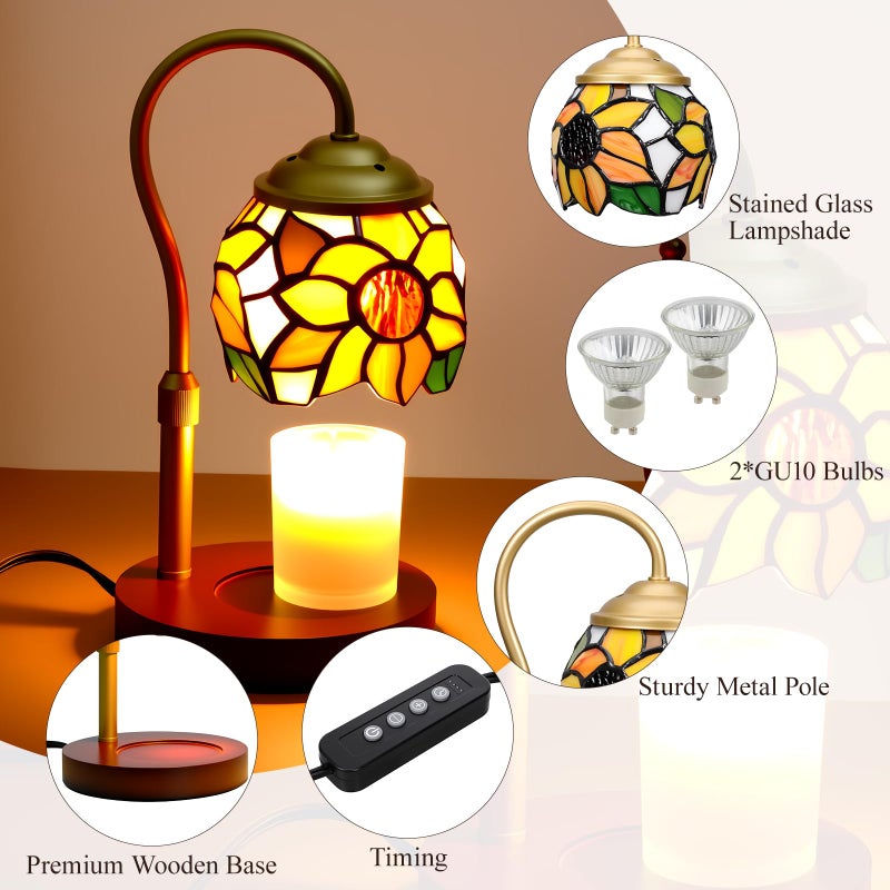 LIBOZMKO Candle Warmer Lamp - Electric Candle Lamps Timer Dimmer, Sunflower Tiffany Style Stained Glass Candle Warming Lamp Compatible with Jar Candles Valentine Birthday Gifts for Mom Friend Wax Melt Warmer - Image 4