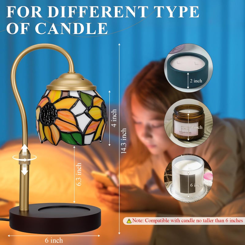 LIBOZMKO Candle Warmer Lamp - Electric Candle Lamps Timer Dimmer, Sunflower Tiffany Style Stained Glass Candle Warming Lamp Compatible with Jar Candles Valentine Birthday Gifts for Mom Friend Wax Melt Warmer - Image 5