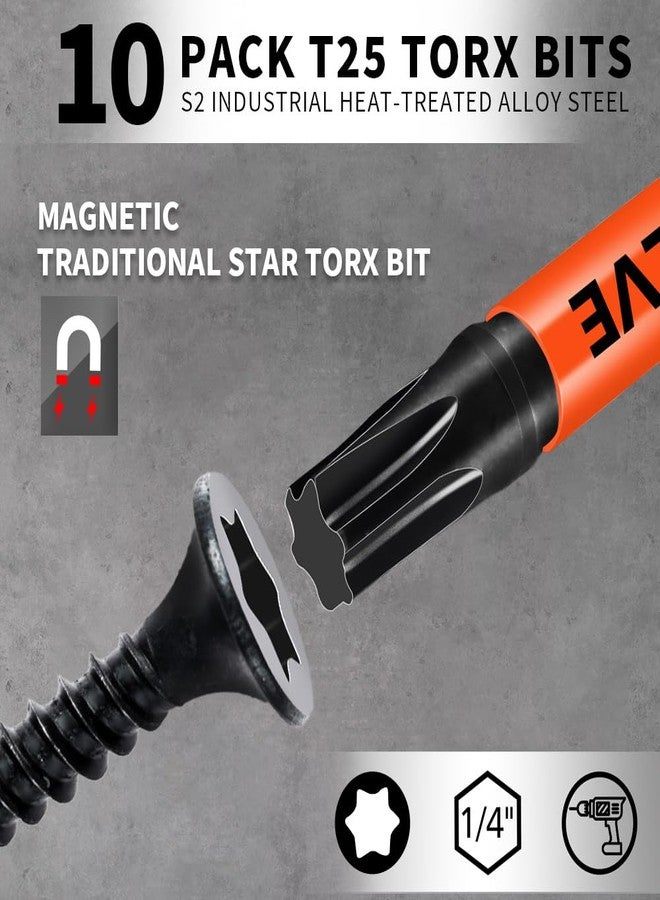 DYRECELVE 10-Pack T25 Torx Bits for Impact Driver, T-25 Torx/Star Bit Set 2'' Long, Magnetic Torque Head, Premium S2 Alloy Steel, 1/4'' Hex-Shank for Professional & DIY Use - Image 2