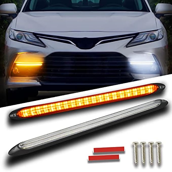 Qasim Drl Led Strip Car Daytime Running Light 14In White Automobile Decorative Warning Lights Yellow Streamer Flow Turn Signal Light Strip Bar 12V 2Pcs 345Cm - Image 2