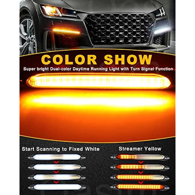 Qasim Drl Led Strip Car Daytime Running Light 14In White Automobile Decorative Warning Lights Yellow Streamer Flow Turn Signal Light Strip Bar 12V 2Pcs 345Cm - Image 4