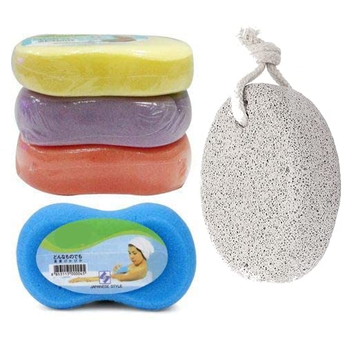 Calitate24 2 Pieces bathing sponges korean body scrub sponge baby bath sponge Ultra Soft & Bouncy deadskin removing sponges with 1 Pomic Stone - Image 1