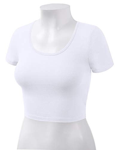 HATOPANTS Women Cotton Scoop Neck Crop Tops Short Sleeve Basic Casual Shirts White S - Image 4