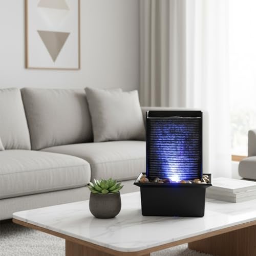 JOINDATAT Small Indoor Relaxation Tabletop Fountain, Zen Meditation Waterfall Feature with Color LED Light & Natural Rocks, 4 Level Desk Waterfall for Home Office Bedroom Living Room Decoration (Style 2) - Image 4