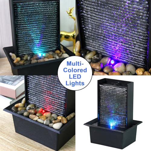 JOINDATAT Small Indoor Relaxation Tabletop Fountain, Zen Meditation Waterfall Feature with Color LED Light & Natural Rocks, 4 Level Desk Waterfall for Home Office Bedroom Living Room Decoration (Style 2) - Image 3