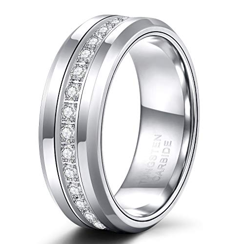 TRUMIUM خاتم زفاف تروميم 8 مم للرجال خواتم التنجستن للرجال والنساء مع خاتم أبدي من الزركونيا البيضاء مرصع بالفضة خواتم الرجال بحواف مائلة ملائمة مريحة مقاس 10 - Image 1