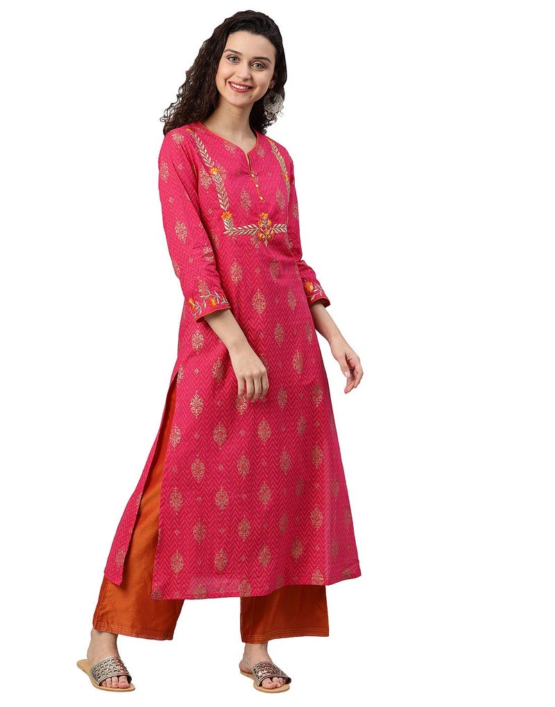 Yash Gallery Women's Cambric Cotton Embroidered Regular Fit Straight kurta For Women (1085Ykpink_Pink_Xx-Large) - Image 3