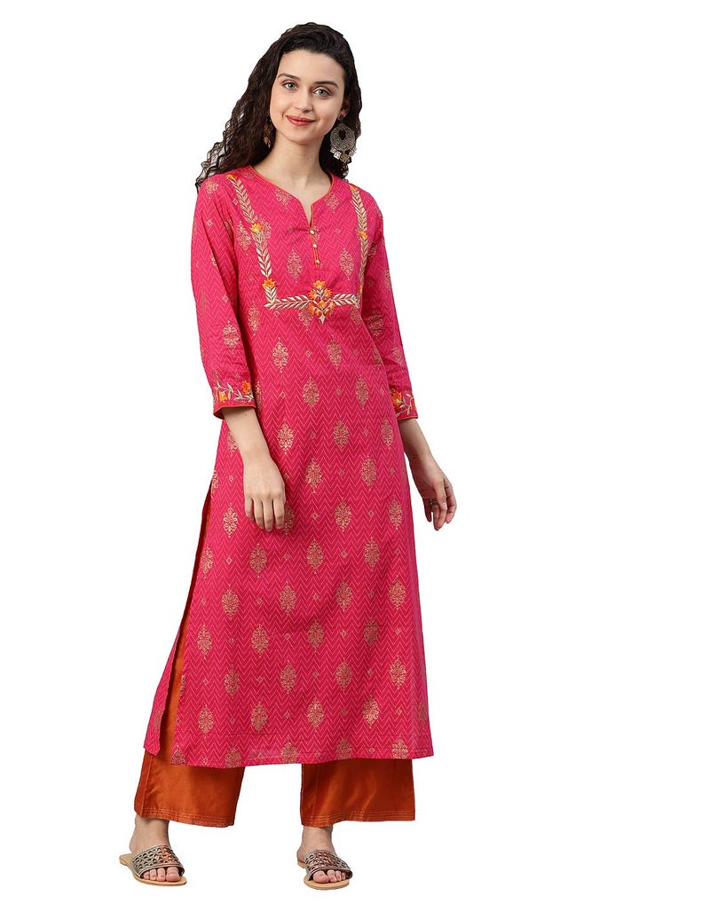 Yash Gallery Women's Cambric Cotton Embroidered Regular Fit Straight kurta For Women (1085Ykpink_Pink_Xx-Large) - Image 1