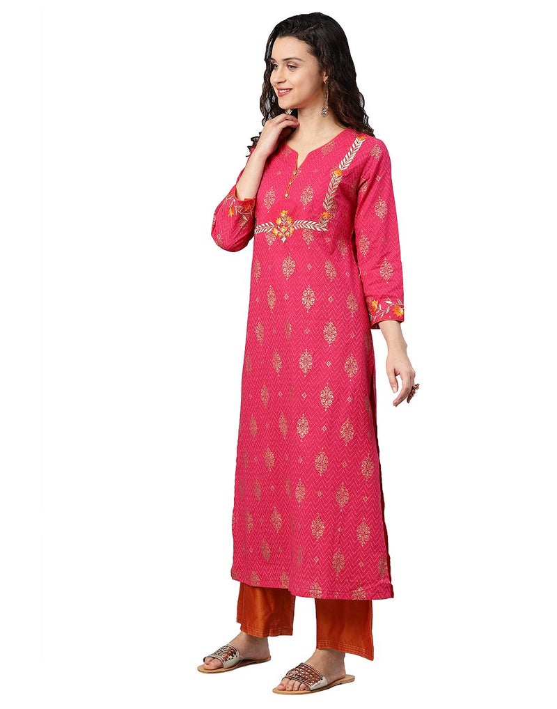 Yash Gallery Women's Cambric Cotton Embroidered Regular Fit Straight kurta For Women (1085Ykpink_Pink_Xx-Large) - Image 2