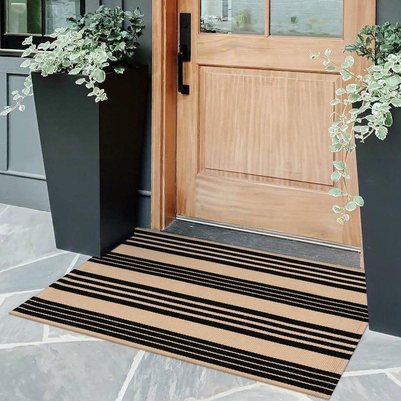 OJIA Front Door Mat Outdoor 24''x35'' Washable Front Door Rug Black and Tan Entry Rug Indoor Outdoor Rugs Doormat Cotton Woven Striped Small Area Rugs for Porch/Bathroom/Farmhouse/Home Entrance - Image 1