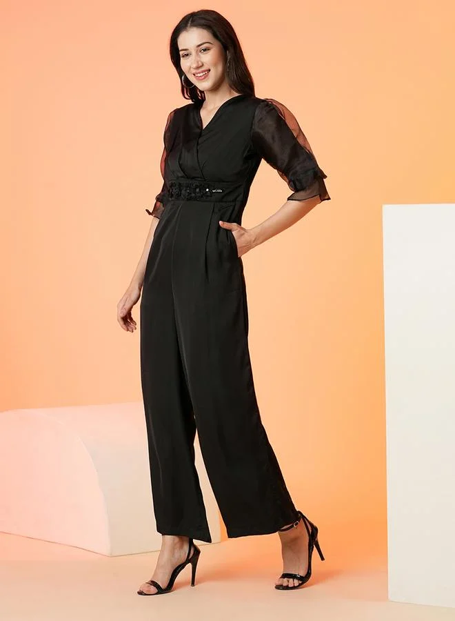 globus Floral Applique Waist Wrap Neck Jumpsuit