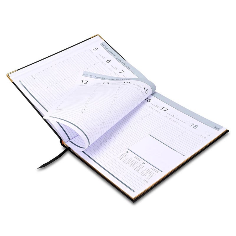 FIS 2026 Golden Executive Diary, 210x260mm, 1 Side Padded Vinyl Cover, Gilded Edges, Golden Corners, 1 Week at a Glance, Arabic/English/French, 70gsm White Paper, Black Cover-FSDI32AEG26BK - Image 4
