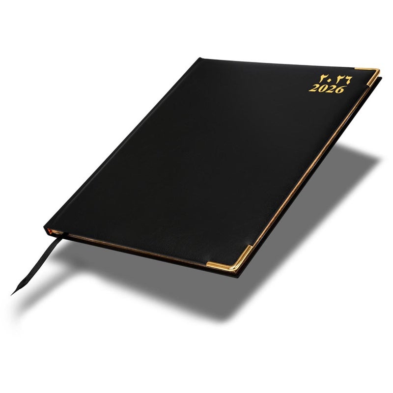 FIS 2026 Golden Executive Diary, 210x260mm, 1 Side Padded Vinyl Cover, Gilded Edges, Golden Corners, 1 Week at a Glance, Arabic/English/French, 70gsm White Paper, Black Cover-FSDI32AEG26BK - Image 1