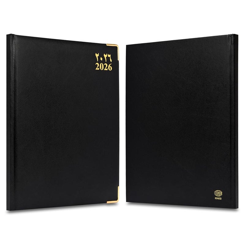 FIS 2026 Golden Executive Diary, 210x260mm, 1 Side Padded Vinyl Cover, Gilded Edges, Golden Corners, 1 Week at a Glance, Arabic/English/French, 70gsm White Paper, Black Cover-FSDI32AEG26BK - Image 2
