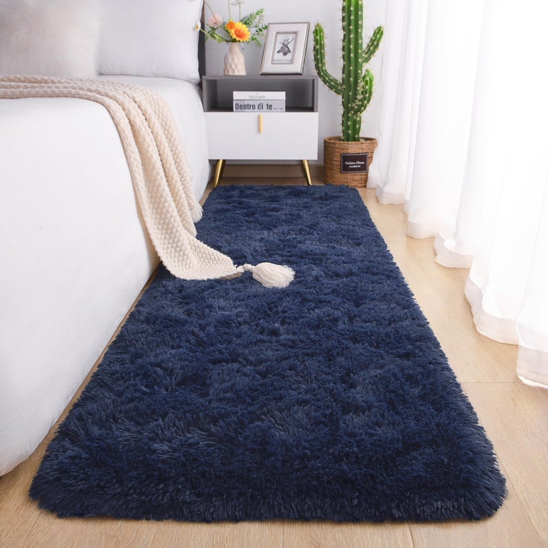 Chicrug Soft Runner Rug for Bedroom Living Room Plush Fluffy Rug 2x6 Feet Shag Furry Runner Area Rug Carpet Non Shedding for Nursery Children Kids Girls Room Home Decorative Navy Blue