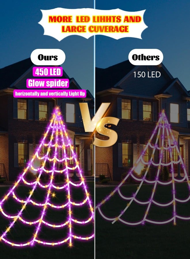 أضواء زينة الهالوين على شكل شبكة عنكبوت من LCHUANG - 450 مصباح LED، سلسلة إضاءة خارجية للهالوين مع عنكبوت مضيء بطول 60 بوصة، 8 أوضاع، جهاز تحكم عن بعد، شبكة عنكبوت بطول 16.4 قدم، مقاومة للماء (شبكة مضيئة جديدة برتقالية-بنفسجية) - Image 3
