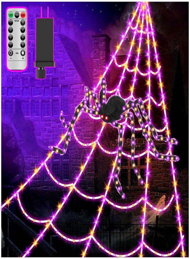 أضواء زينة الهالوين على شكل شبكة عنكبوت من LCHUANG - 450 مصباح LED، سلسلة إضاءة خارجية للهالوين مع عنكبوت مضيء بطول 60 بوصة، 8 أوضاع، جهاز تحكم عن بعد، شبكة عنكبوت بطول 16.4 قدم، مقاومة للماء (شبكة مضيئة جديدة برتقالية-بنفسجية) - Image 1