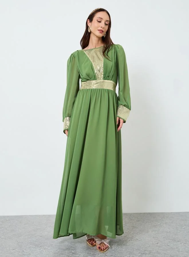 Take Two Women Olive Embellished Sequin Pleated Maxi Dress