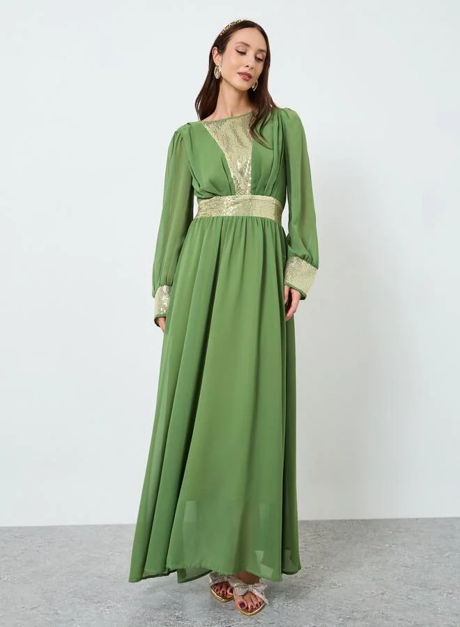 Women Olive Embellished Sequin Pleated Maxi Dress