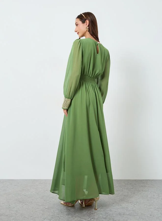 Take Two Women Olive Embellished Sequin Pleated Maxi Dress