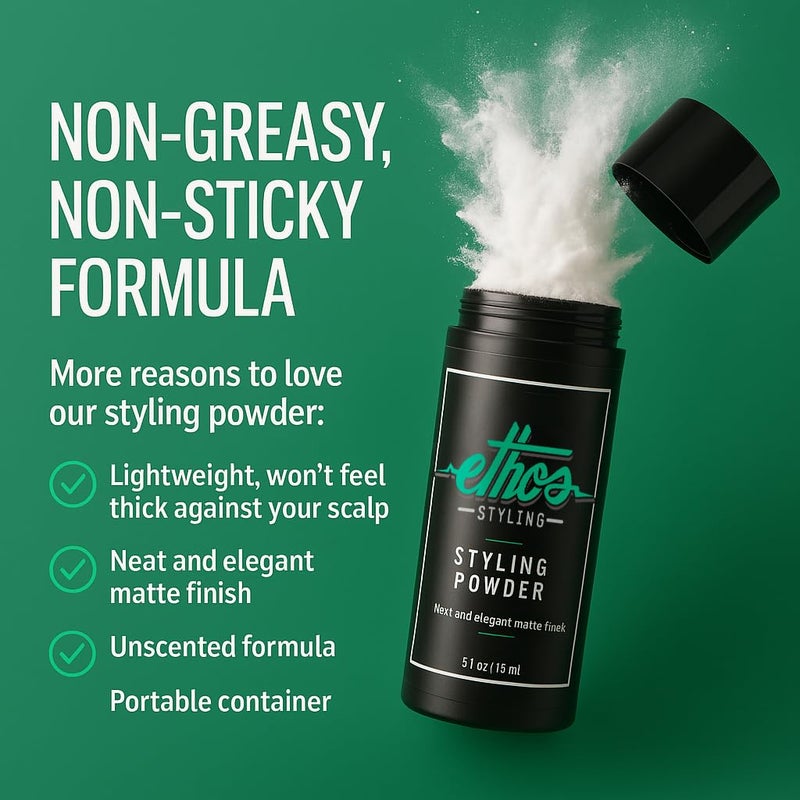 Ethos Styling Texture Powder - Texturizing & Mattifying Hair Powder for Men - Grooming, Volumizing & Hair Styling Products for Extra Volume, Control & Strong All-Day Grip - Matte, Wavy Finish - 20g - Image 2