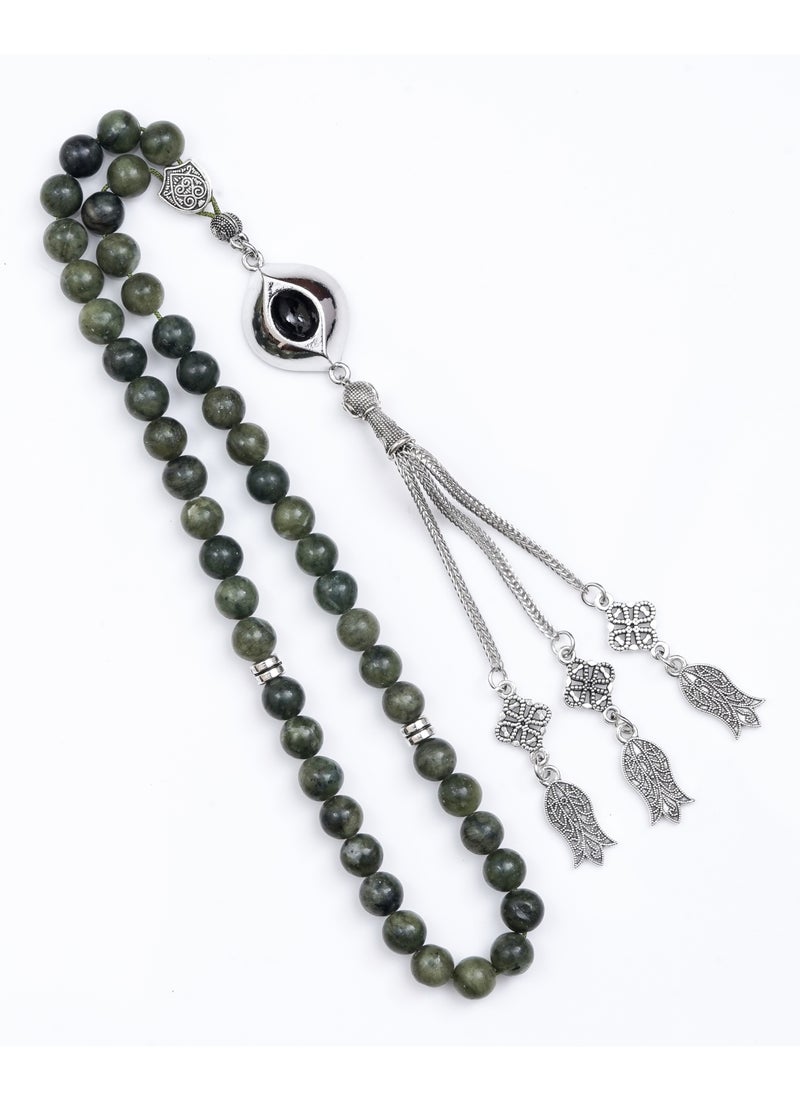Subhati Prayer Beads ( Misbah ) with metal Parts and Green Jasper Stone | 8 MM Beads - 45 Pcs  - Image 2