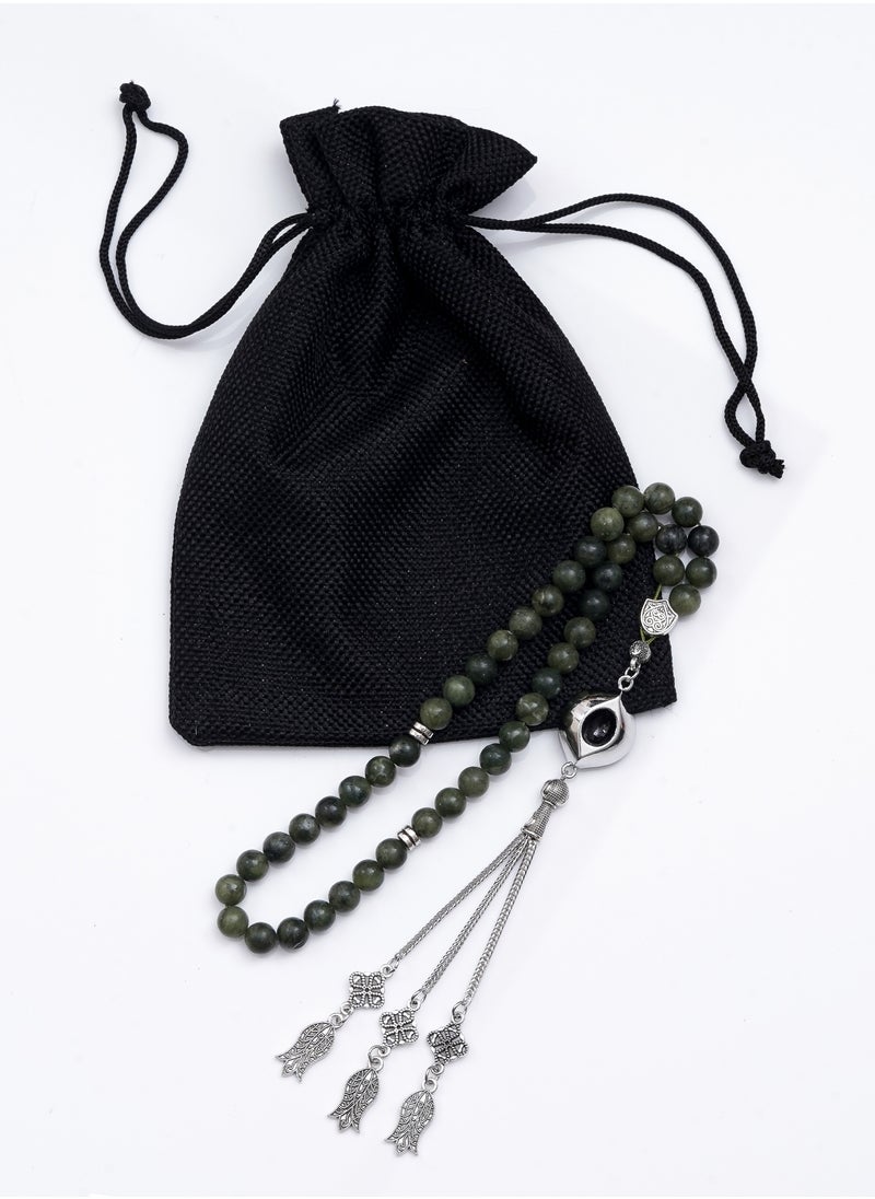 Subhati Prayer Beads ( Misbah ) with metal Parts and Green Jasper Stone | 8 MM Beads - 45 Pcs  - Image 3
