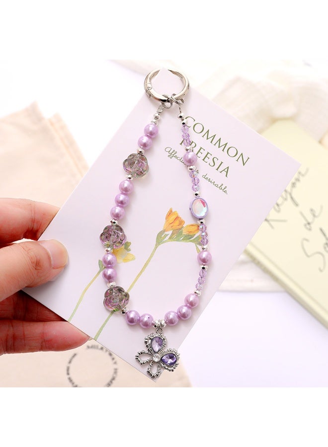 NIBEMINENT Phone Charm/ Chain Strap for Women Girls, Pearl Butterfly Cell Phone Case Lanyard Wrist Strap，K5112/Purple - Image 1