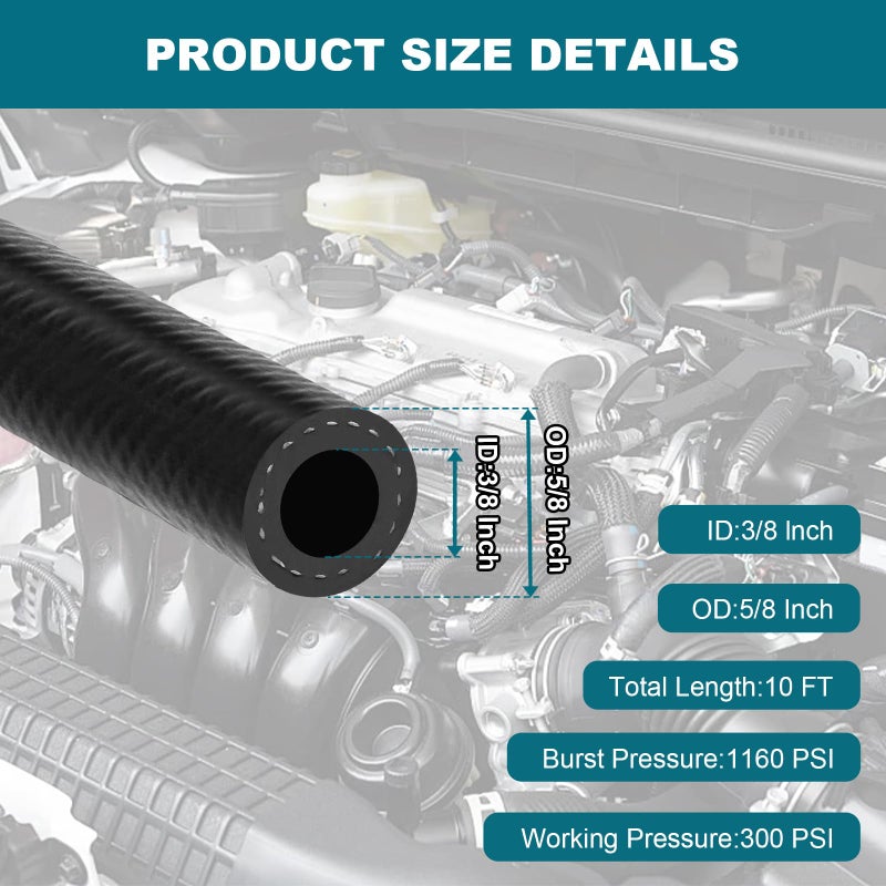 Eunice 3/8 Inch (10mm) ID Fuel Line Hose, 10 FT 300PSI Push Lock NBR Rubber Hose for Automotive - Image 2