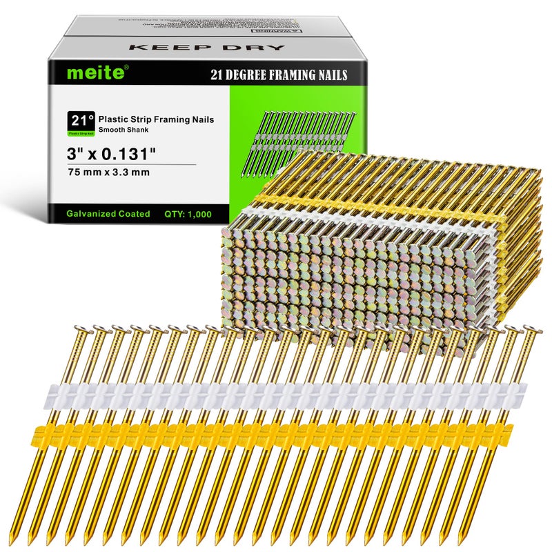 meite 21 Degree Framing Nails 3 Inch 0.131'' Galvanized Plastic Collated Framing Nails, Full Round Head Smooth Shank Structural Nails for Framing Nailer Gun Roof Decking Sheathing 1,000PCS - Image 1