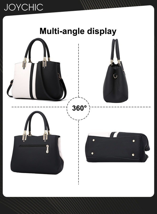 Joychic حقيبة يد نسائية كلاسيكية بألوان متباينة، حقيبة كتف كبيرة الحجم متعددة الجيوب، حقيبة كروس بودي مقاومة للماء من قماش البولي يوريثين، أسود + أبيض - Image 4