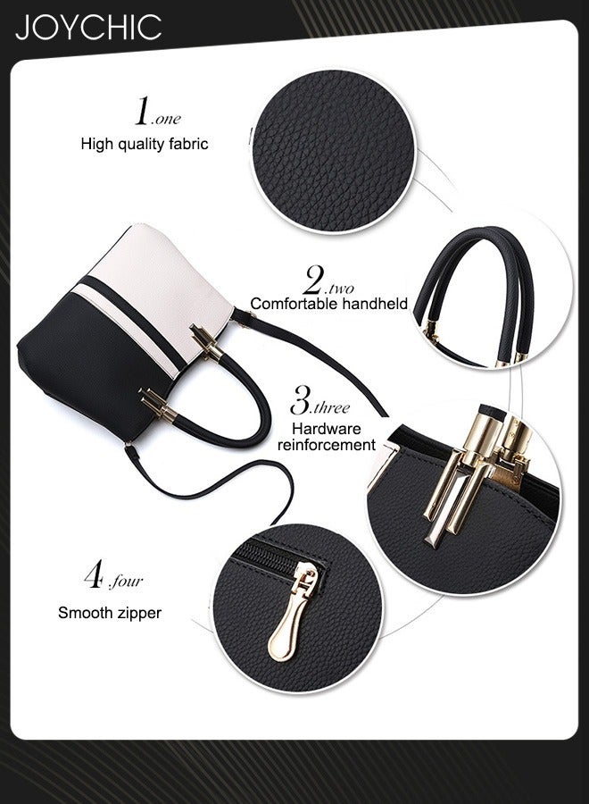 Joychic حقيبة يد نسائية كلاسيكية بألوان متباينة، حقيبة كتف كبيرة الحجم متعددة الجيوب، حقيبة كروس بودي مقاومة للماء من قماش البولي يوريثين، أسود + أبيض - Image 3