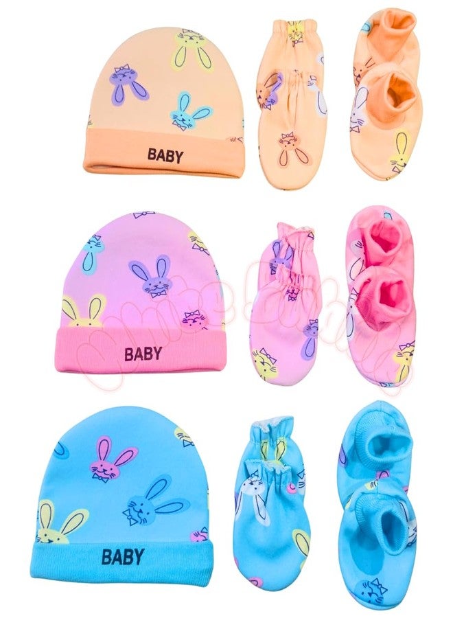 White Bubble Newborn Winter Gift Set | Wool Lined Baby Cap Mittens Booties | Cute Print | Soft Cotton Outer Layer | Pack of 3 | Multicolor | Random Color & Design - Image 1
