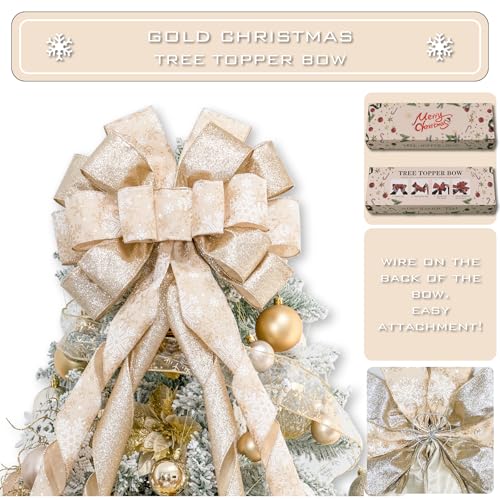 Hismir Christmas Tree Topper Bow53x14 Inches Large Christmas Bow with Glitter Streamer and Patterned RibbonDecorative Bows for Xmas Tree Wreath Door Festival Home DecorChampagne Gold Snowflake - Image 3
