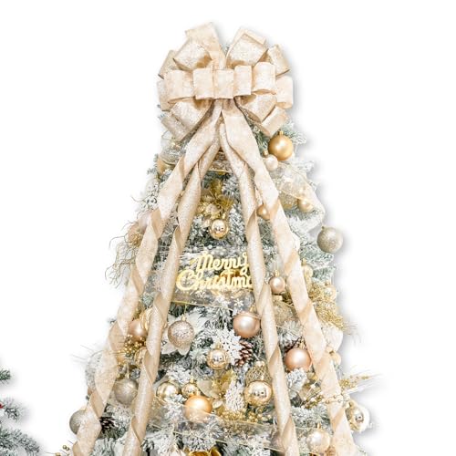 Hismir Christmas Tree Topper Bow53x14 Inches Large Christmas Bow with Glitter Streamer and Patterned RibbonDecorative Bows for Xmas Tree Wreath Door Festival Home DecorChampagne Gold Snowflake - Image 1