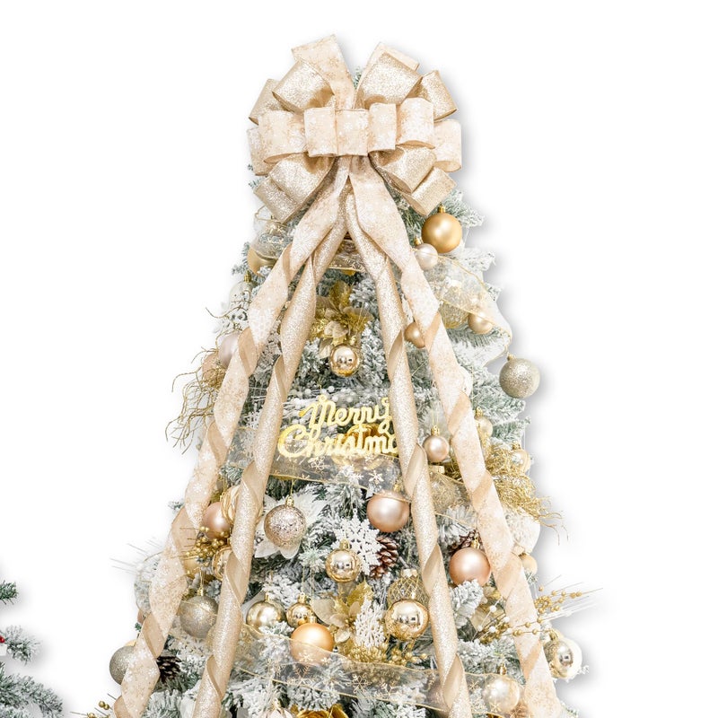 Hismir Christmas Tree Topper Bow53x14 Inches Large Christmas Bow with Glitter Streamer and Patterned RibbonDecorative Bows for Xmas Tree Wreath Door Festival Home DecorChampagne Gold Snowflake - Image 2