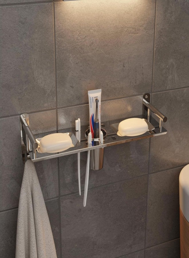Well Set Stainless Steel Bathroom Wall Shelf (X-Small) | Single Layer Rack with Dual Soap Dish, Toothbrush & Tumbler Holder, Towel Hook | Rust-Free Multipurpose Organizer (Silver) - Image 2