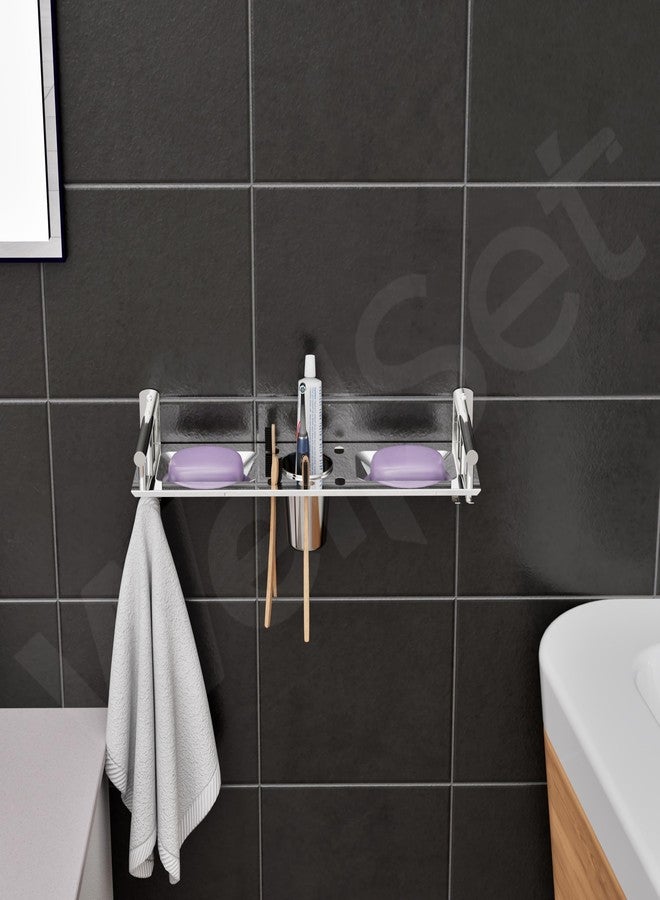 Well Set Stainless Steel Bathroom Wall Shelf (X-Small) | Single Layer Rack with Dual Soap Dish, Toothbrush & Tumbler Holder, Towel Hook | Rust-Free Multipurpose Organizer (Silver) - Image 3