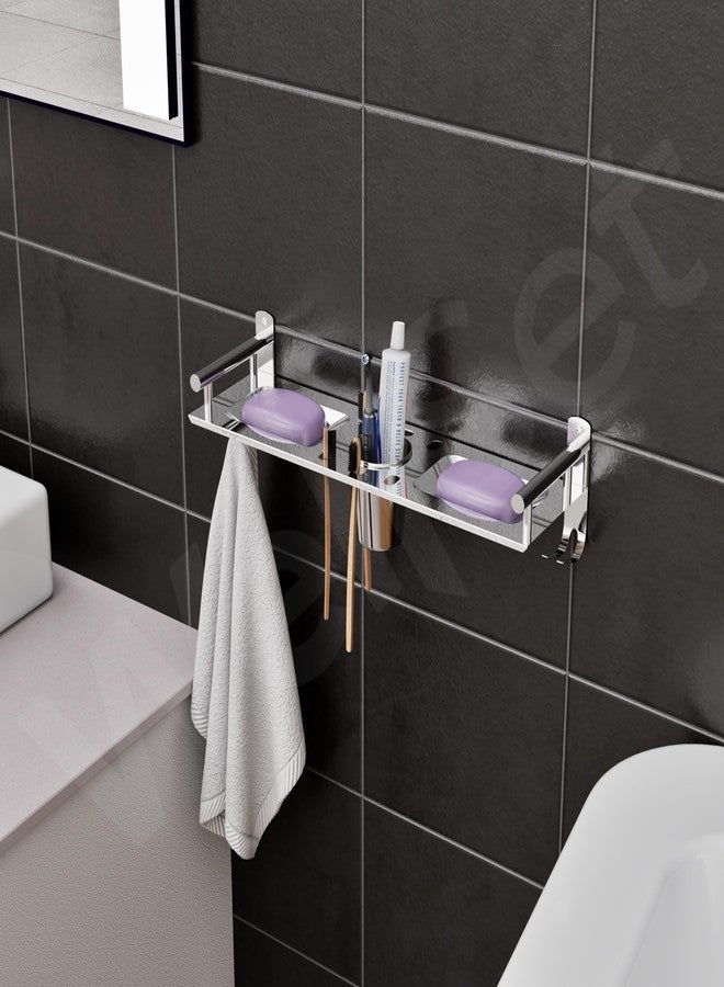 Well Set Stainless Steel Bathroom Wall Shelf (X-Small) | Single Layer Rack with Dual Soap Dish, Toothbrush & Tumbler Holder, Towel Hook | Rust-Free Multipurpose Organizer (Silver) - Image 4